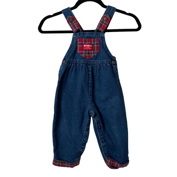 Vintage Osh Kosh Bgosh Overalls Toddler 3T Blue Plaid Floral Denim Button Snap - Picture 1 of 12
